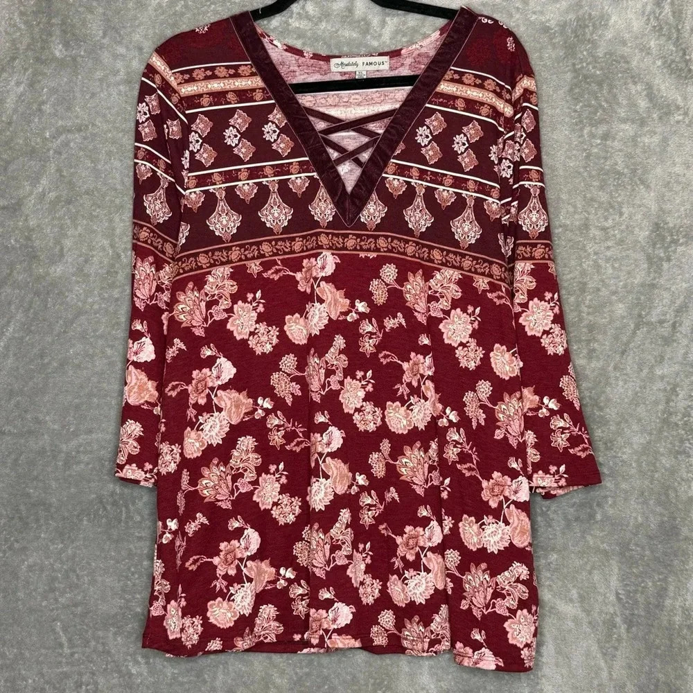 Absolutely Famous XL Shirt Top Burgundy Red Floral 3/4 Sleeve Criss Cross V Neck